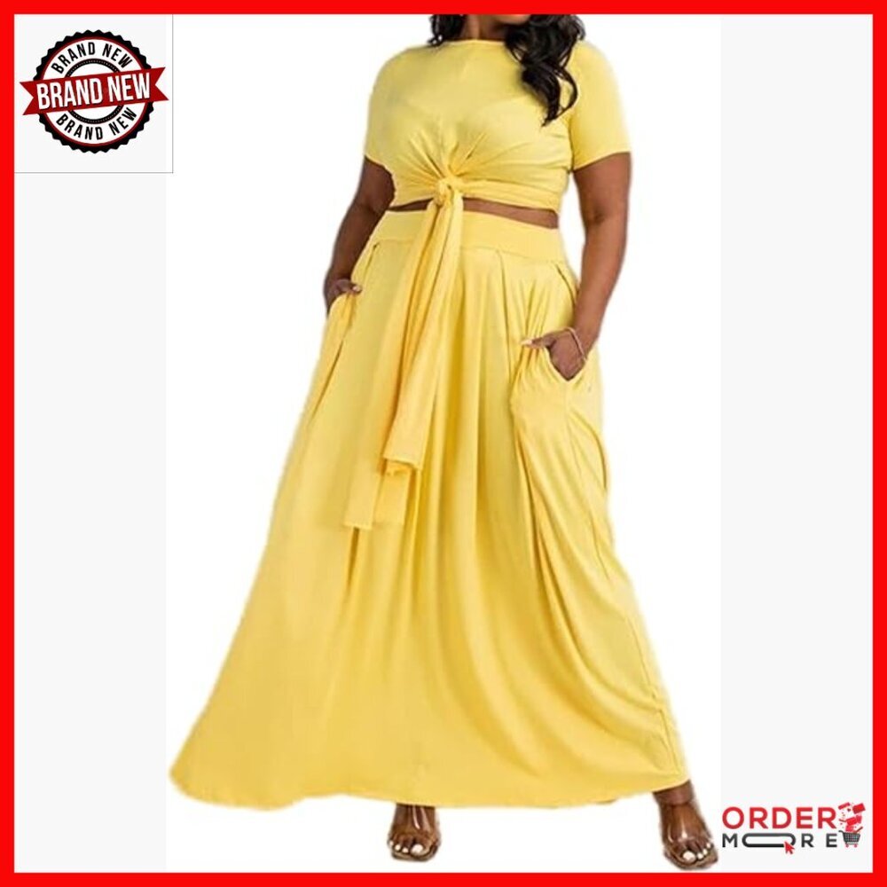 Plus Size Two-Piece Set, Short Sleeve Crop Top, Pleated Maxi Skirt with Pockets
